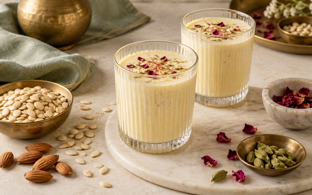 Magaz badam thandai with cardamom, saffron and rose petals