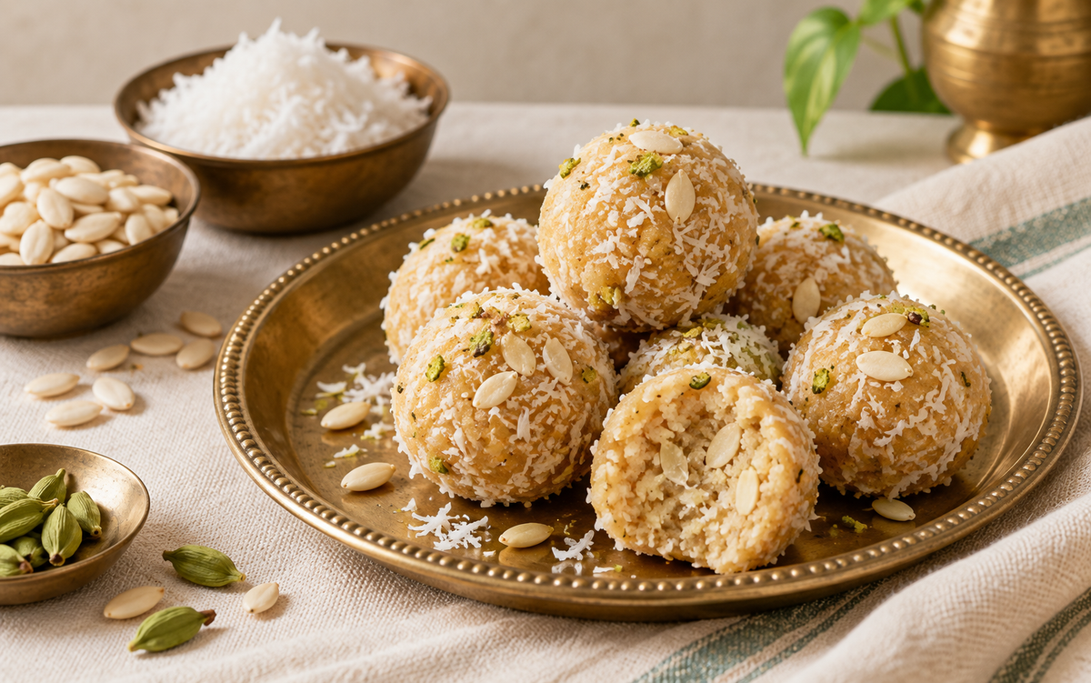 Magaz coconut ladoos with jaggery and cardamom