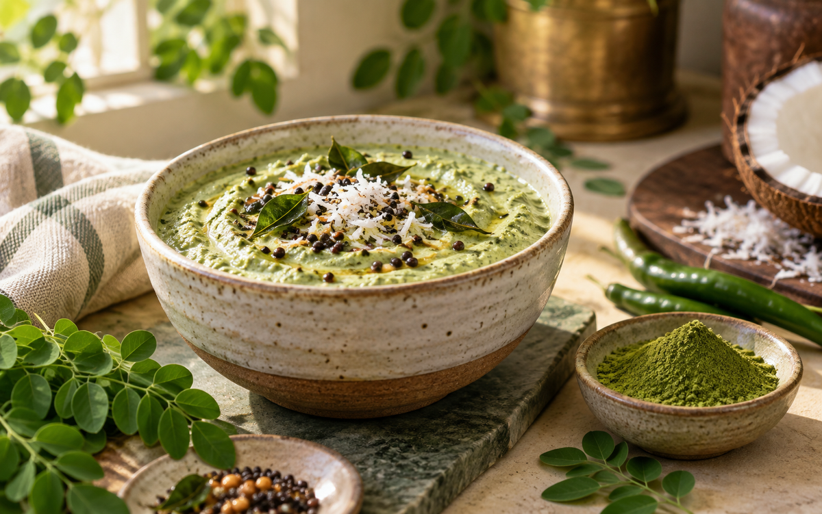 Moringa coconut chutney with green chilli and curry leaf tempering
