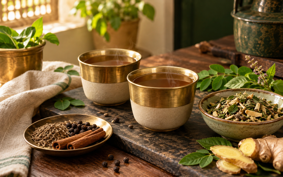 Warm moringa herbal tea kashayam with cumin and jaggery