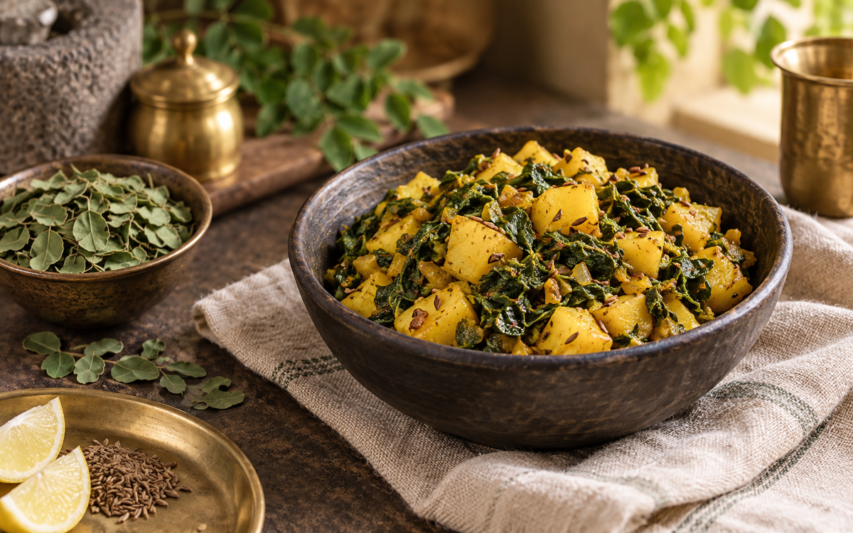 Moringa leaves aloo sabzi with cumin, turmeric and lemon