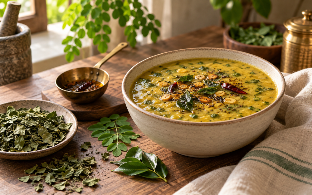 Whole moringa leaves dal tadka with garlic, curry leaves and red chilli