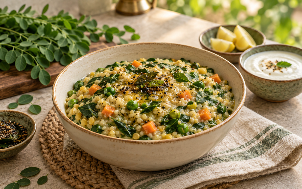 Moringa leaves millet khichdi with moong dal and vegetables