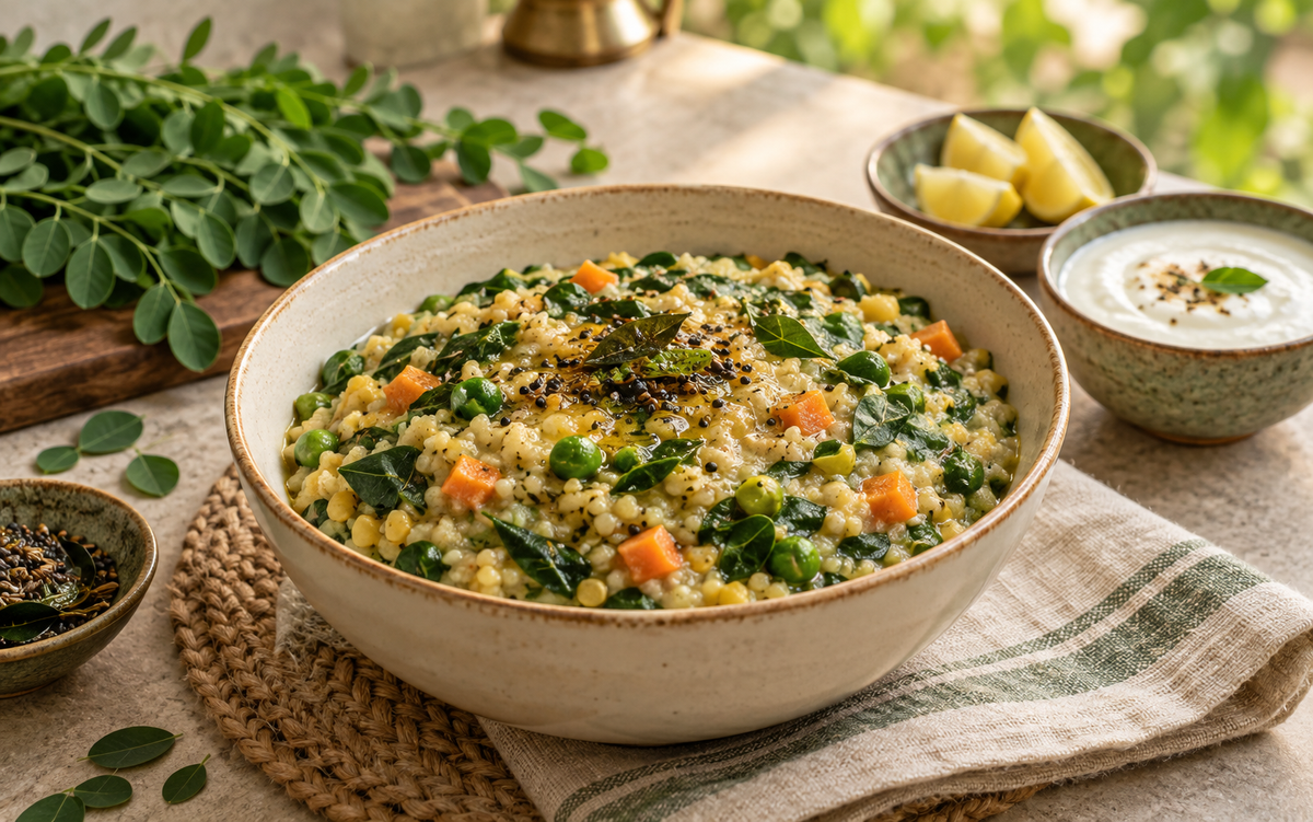 Moringa leaves millet khichdi with moong dal and vegetables