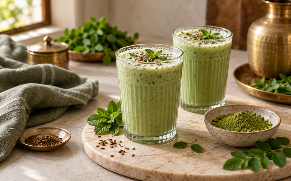 Green moringa masala chaas with cumin and mint