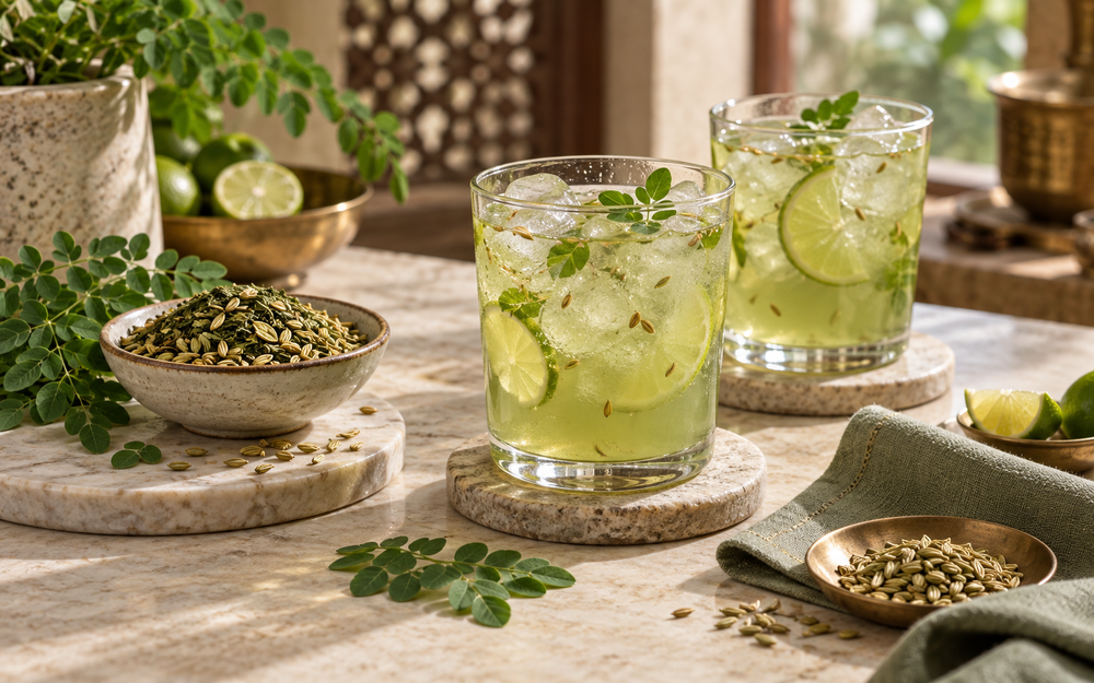 Moringa saunf cooler with fennel, lime and chilled herbal tea