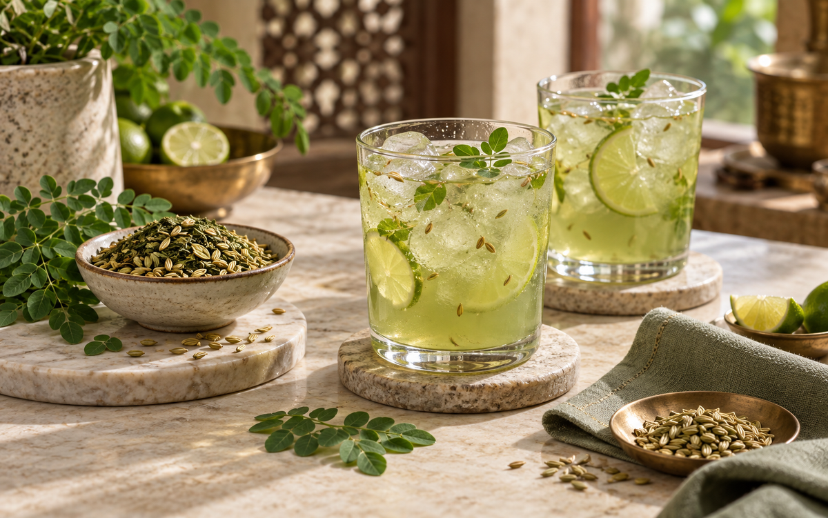 Moringa saunf cooler with fennel, lime and chilled herbal tea