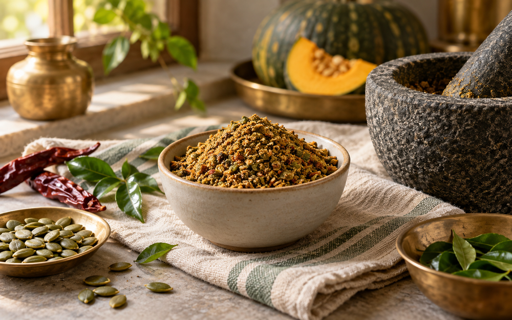 Pumpkin seed chutney podi with curry leaves, lentils and dried chilli