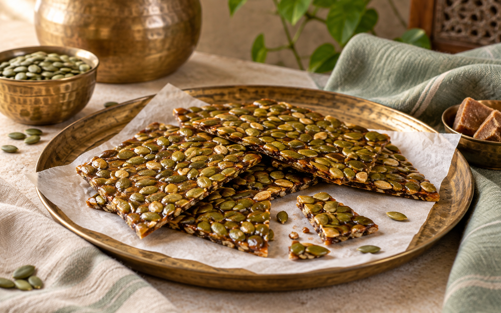 Thin pumpkin seed jaggery chikki with cardamom