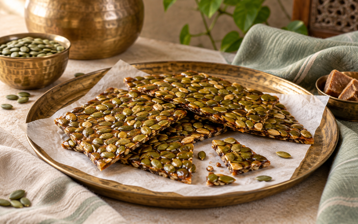 Thin pumpkin seed jaggery chikki with cardamom