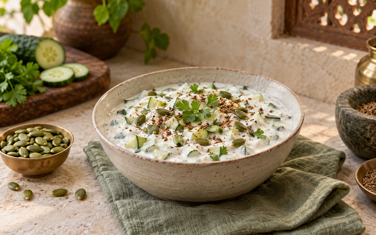 Pumpkin seed cucumber raita with roasted cumin and coriander