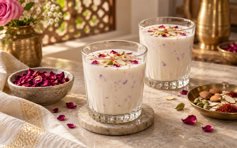 Rose petal badam milk with almonds, cardamom and saffron