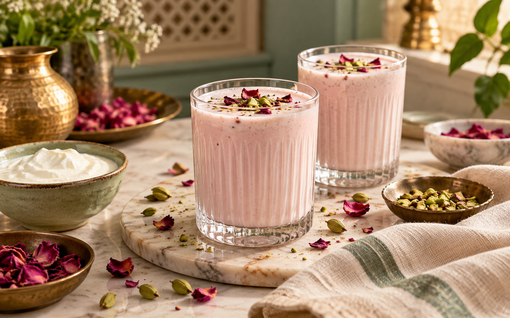 Rose petal lassi with curd, cardamom and pistachio
