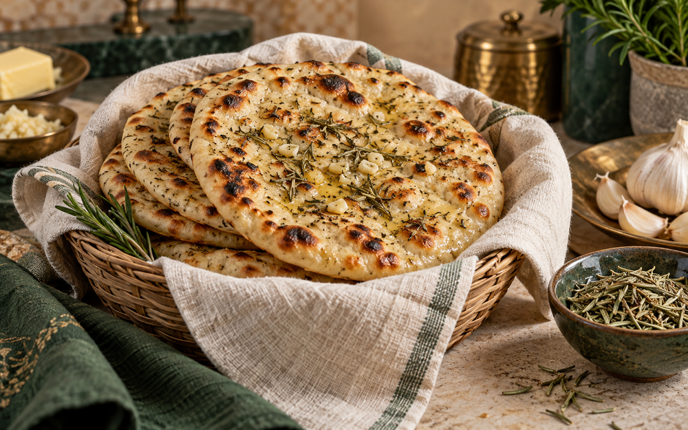 Rosemary garlic kulcha cooked on a tawa with butter