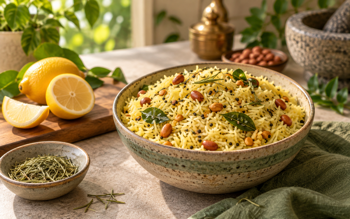 Rosemary lemon rice with peanuts, mustard and curry leaves