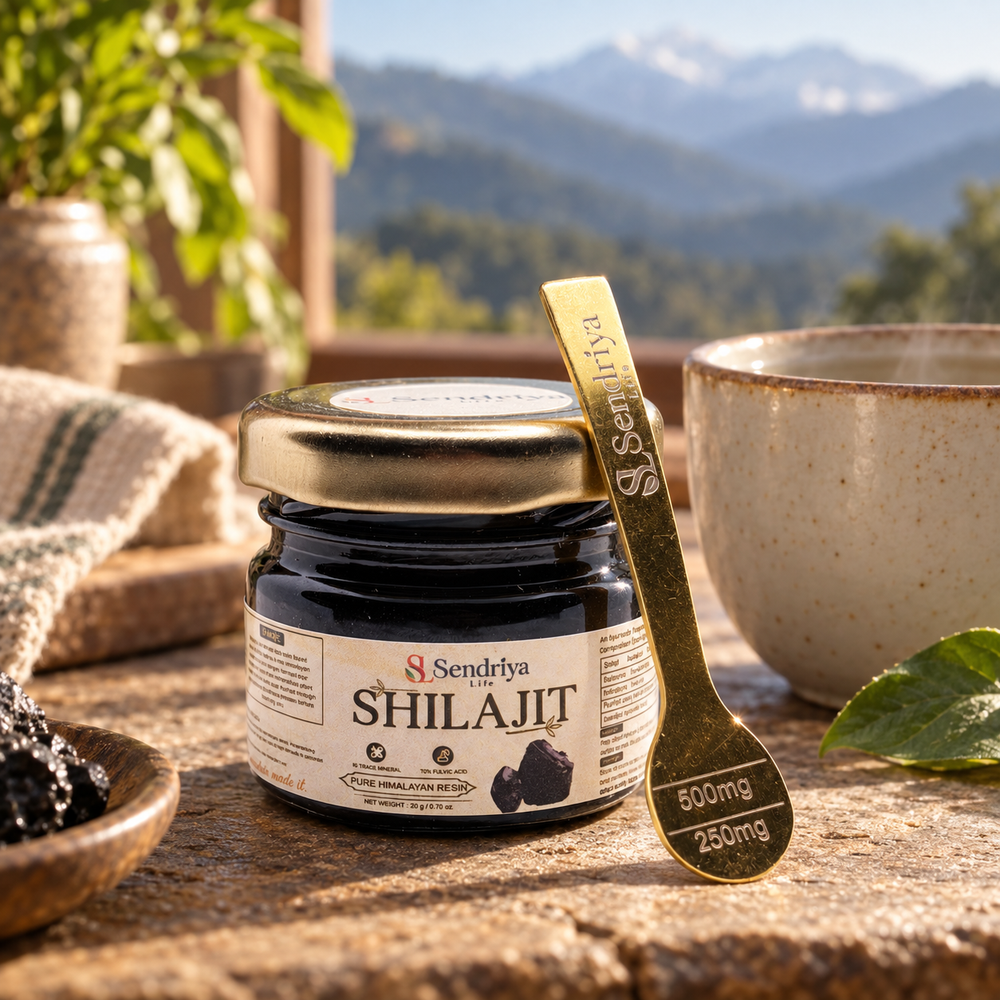 Sendriya Life Himalayan Shilajit resin jar and marked spoon in a morning ritual setting