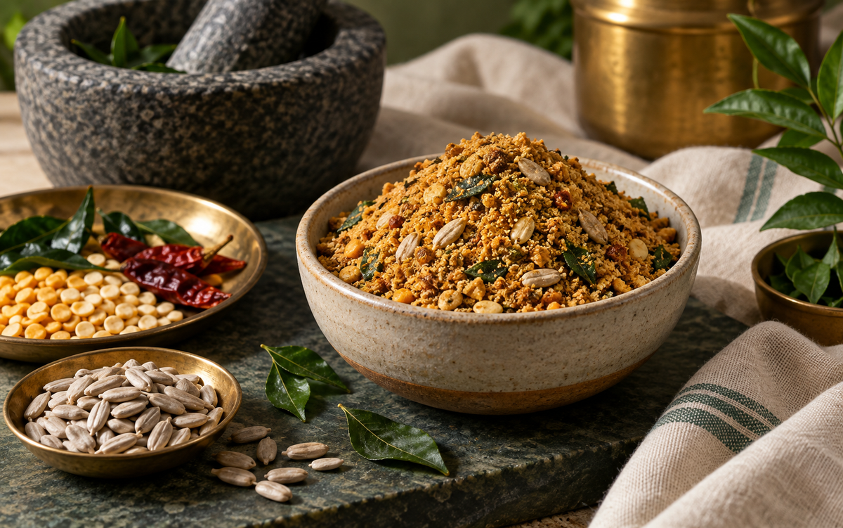 Sunflower seed curry leaf podi with lentils and dried red chilli