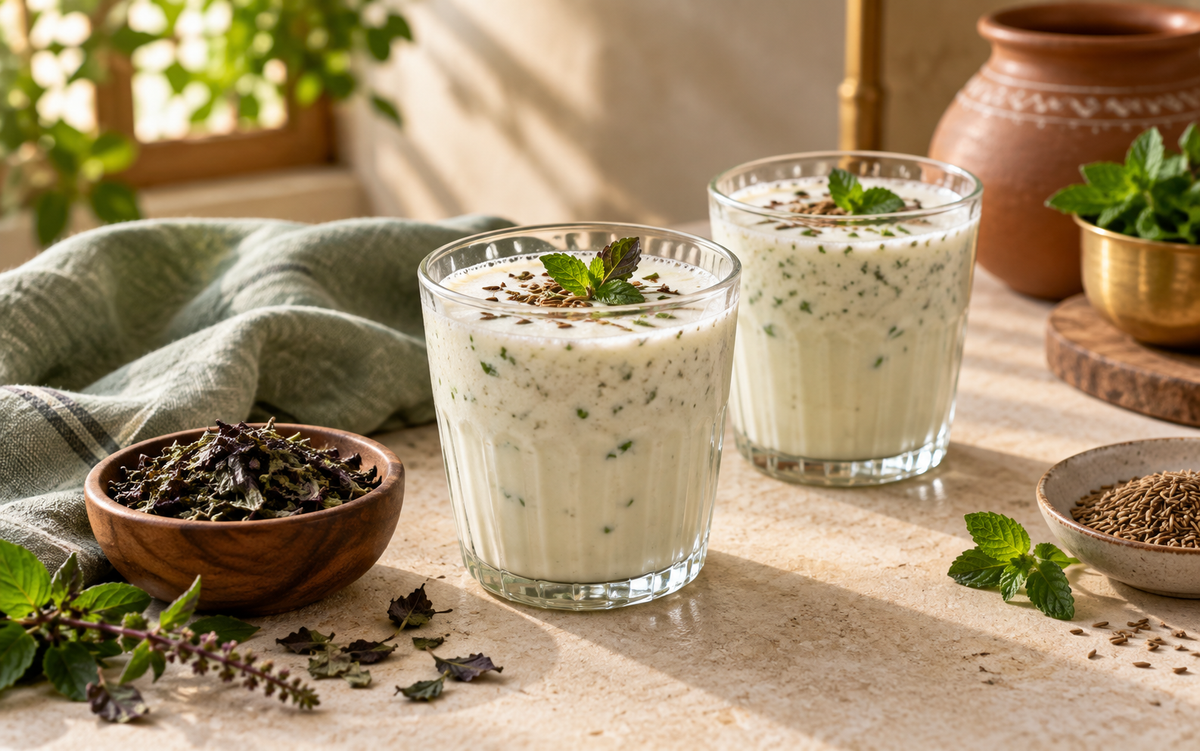 Tulsi jeera chaas with curd, roasted cumin and mint