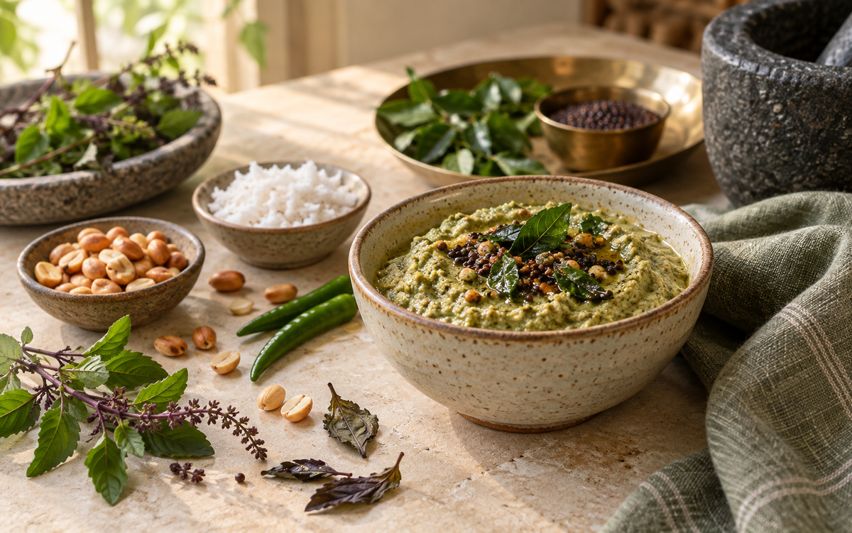 Tulsi peanut chutney with coconut, chilli and curry leaves