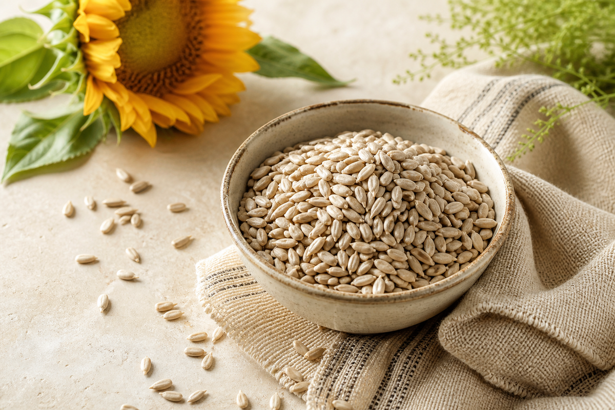 Bowl of hulled sunflower seed kernels beside a sunflower on a warm kitchen surface