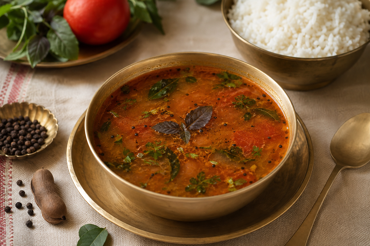 Tulsi tomato rasam rice bowl with pepper, cumin and curry leaves