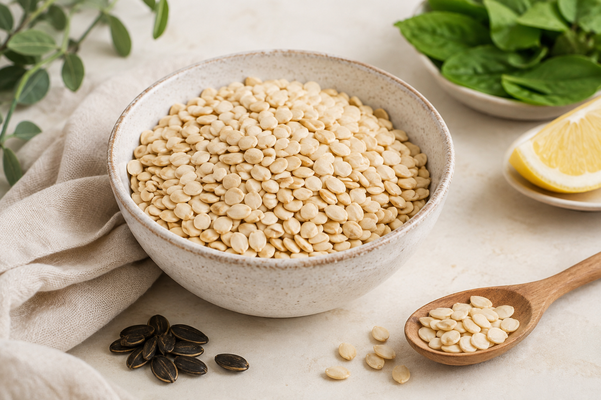 Pale watermelon seed kernels in a ceramic bowl with simple balanced-food accents