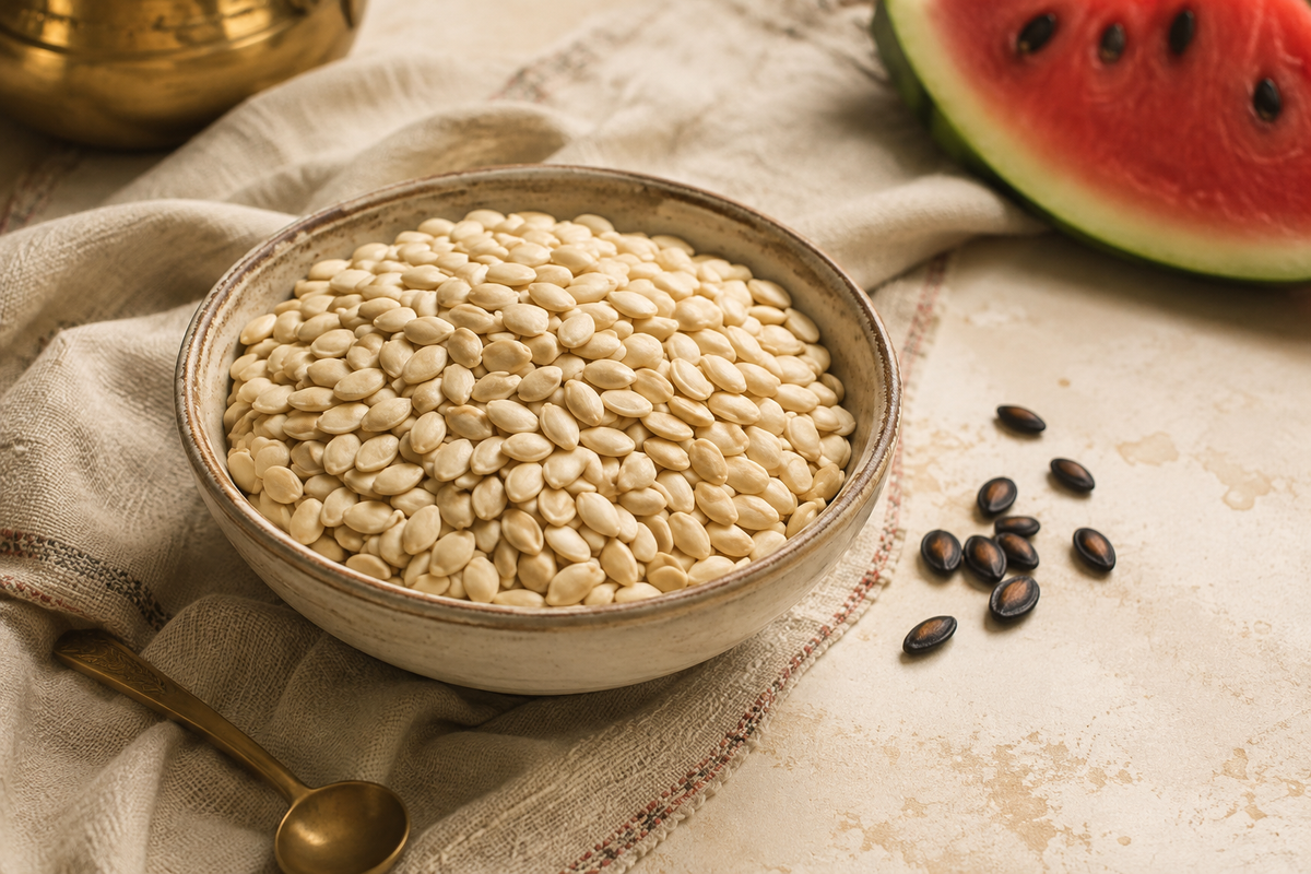 Bowl of pale magaz kernels with whole watermelon seeds and a watermelon wedge