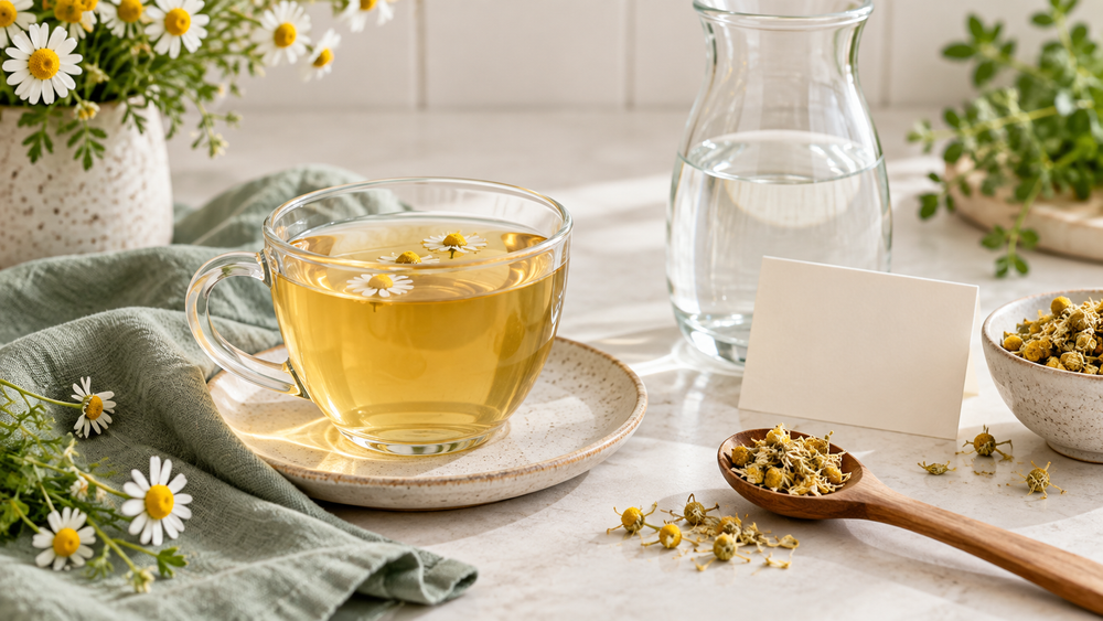 A measured chamomile tea serving with whole flowers in a calm kitchen