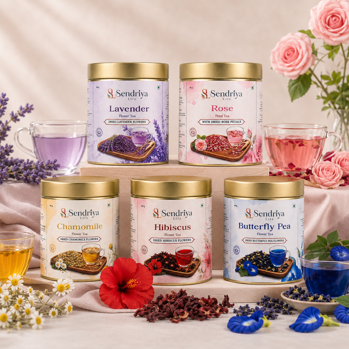 Sendriya Life lavender, rose, chamomile, hibiscus and butterfly pea flower teas