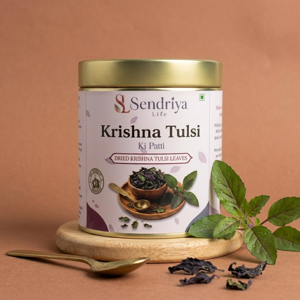Krishna Tulsi Ki Patti tin — dark purple dried tulsi — Sendriya Life