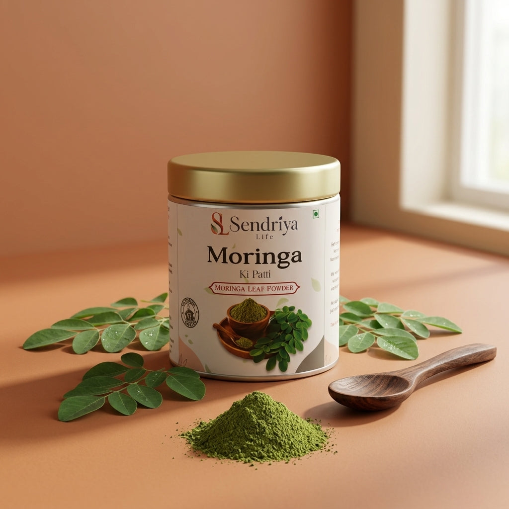 Moringa leaf powder in a brass bowl — Sendriya Life
