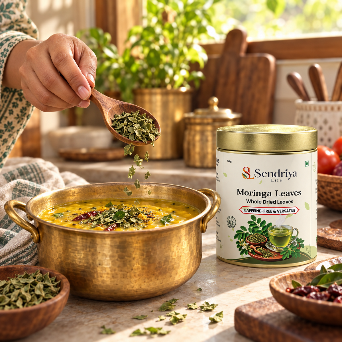Whole dried moringa leaves in Sendriya Life tin in an everyday kitchen setting