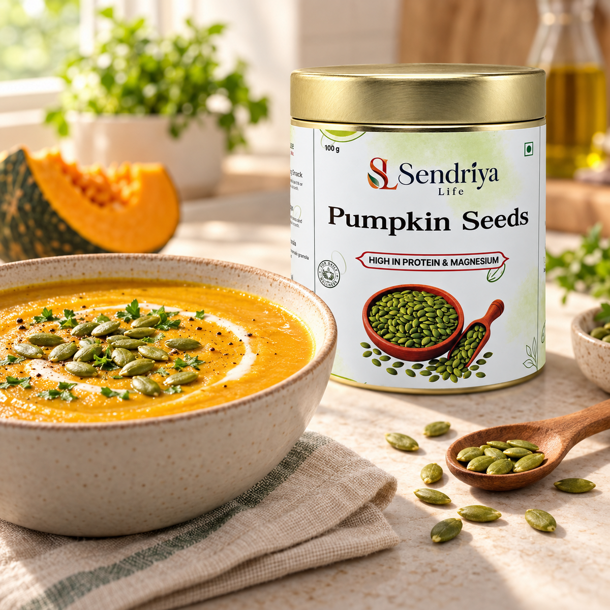 Pumpkin seed kernels in Sendriya Life tin in an everyday kitchen setting