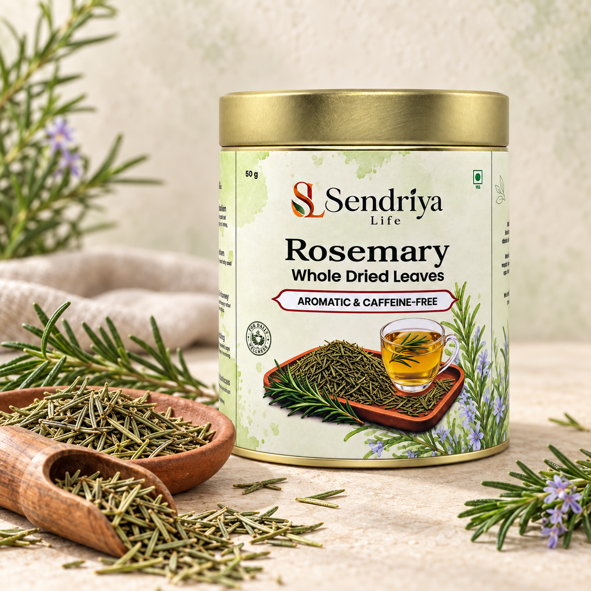Whole dried rosemary leaves in Sendriya Life tin with ingredient styling
