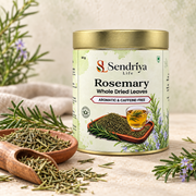 Whole dried rosemary leaves in Sendriya Life tin with ingredient styling