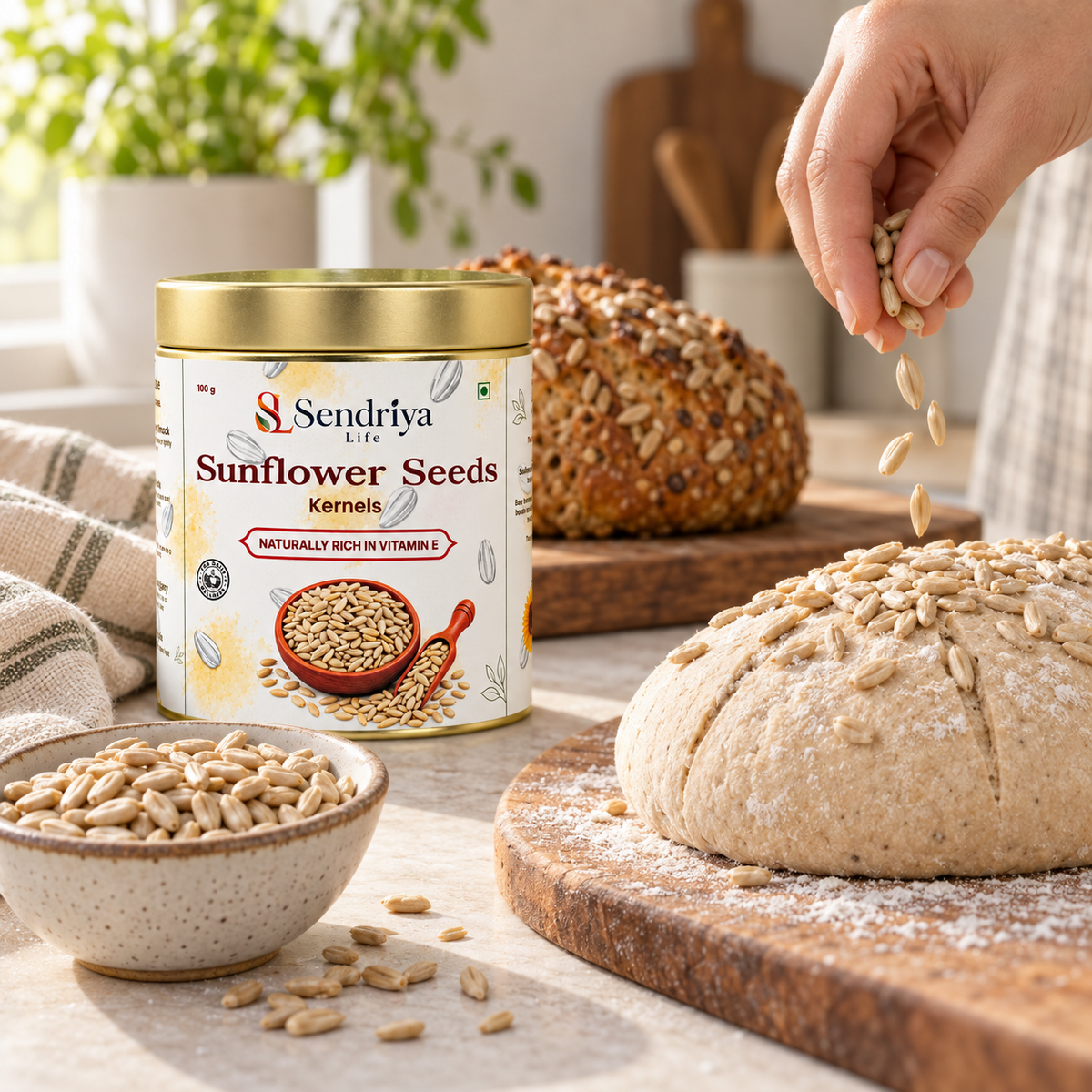 Sunflower seed kernels in Sendriya Life tin in an everyday kitchen setting