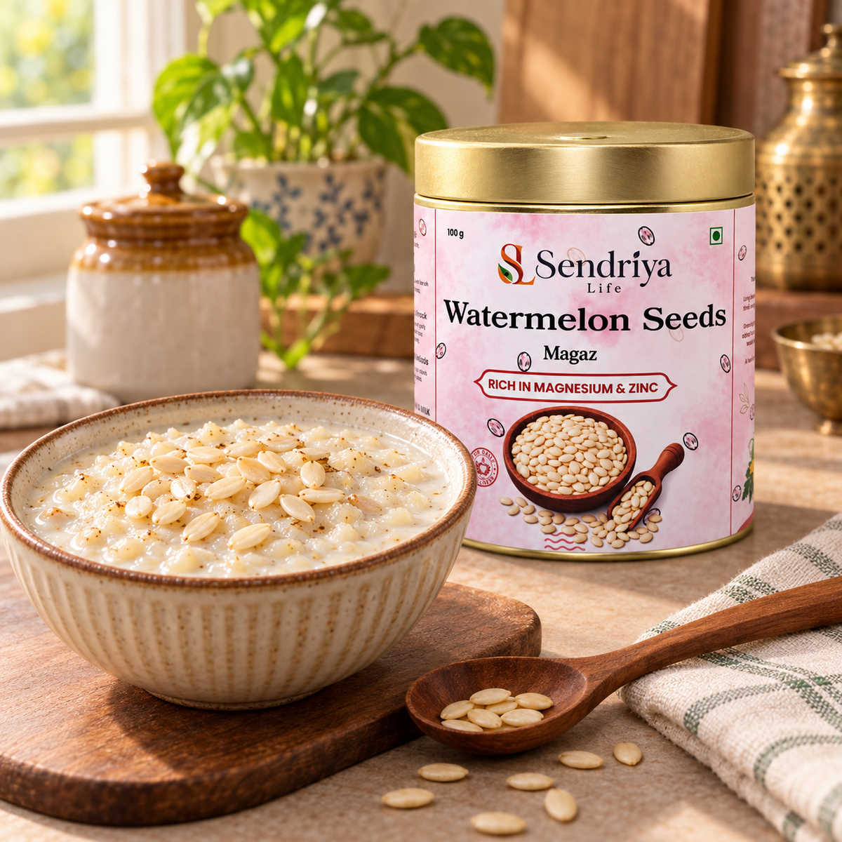Watermelon seed kernels in Sendriya Life tin in an everyday kitchen setting