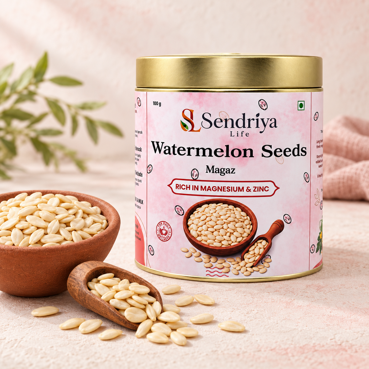 Watermelon seed kernels in Sendriya Life tin with ingredient styling