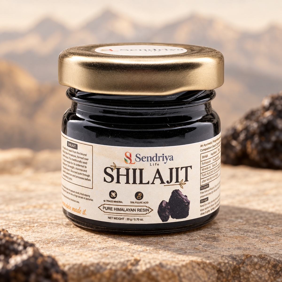 Styled photographic view of Sendriya Life Shilajit 20 g jar on a stone surface