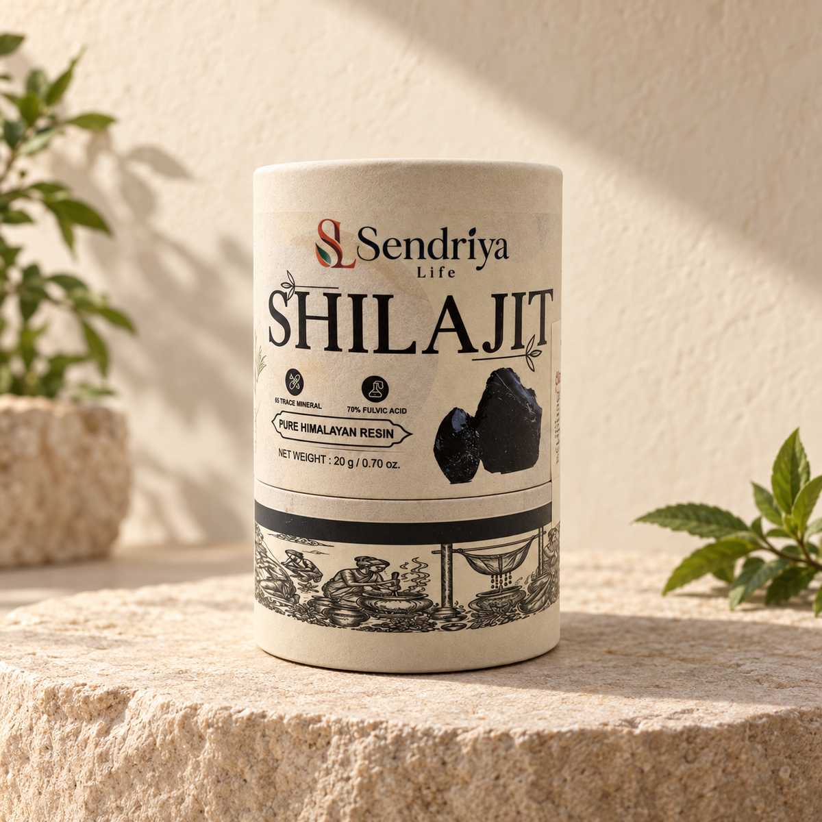 Styled photographic view of Sendriya Life Shilajit outer packaging