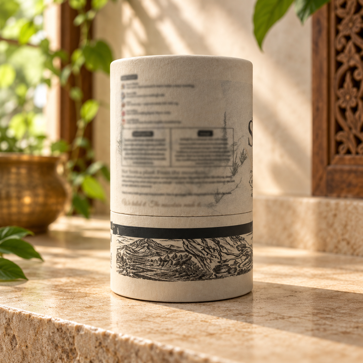 Styled photographic view of the illustrated Shilajit outer pack from the side